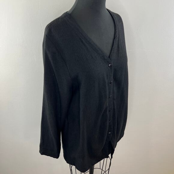 Vintage USA Eileen Fisher Black Stretch-Linen Button-Up Long Sleeve Shirt 1 S - Picture 3 of 7